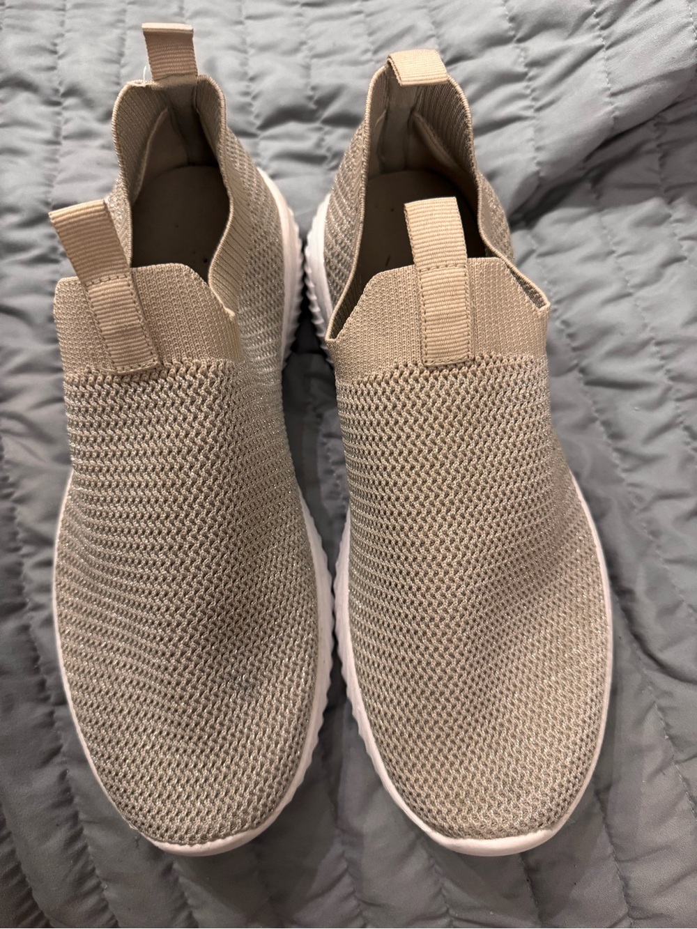 Women’s  Slip-On Shimmering Knit Sneakers in Beige with White Sole
